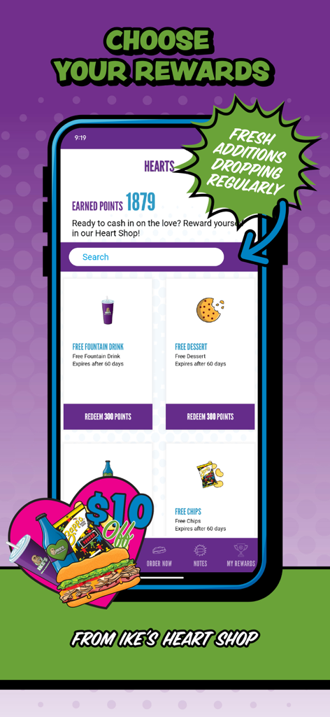Ikes Love Rewards app interface showing the Heart Shop with points balance and redeemable food rewards