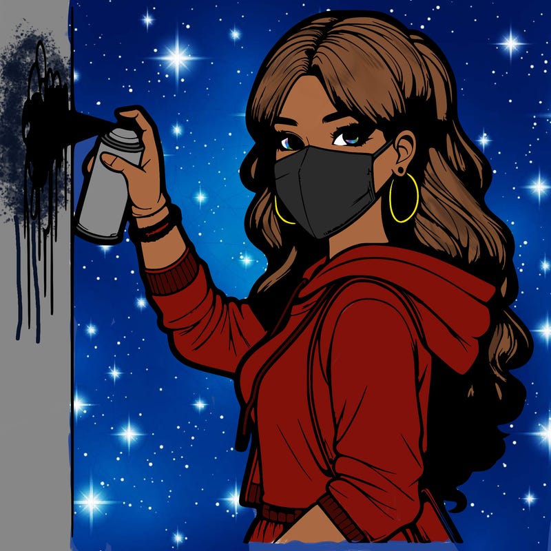 realistic girl with mask spray painting a wall