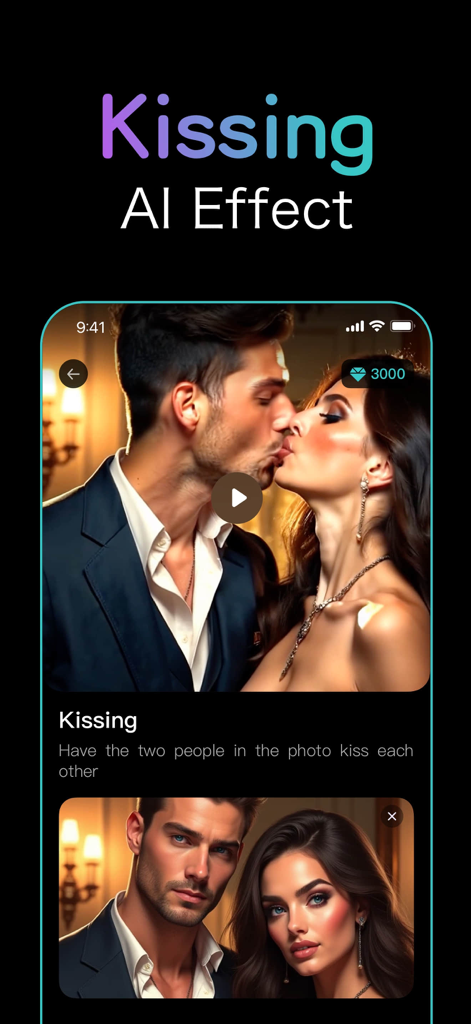 Veai 3 - AI Vdeo Generator - Interfaccia dell'app Veai 3 AI Video Generator che mostra un effetto bacio che anima due persone da una foto a baciarsi.