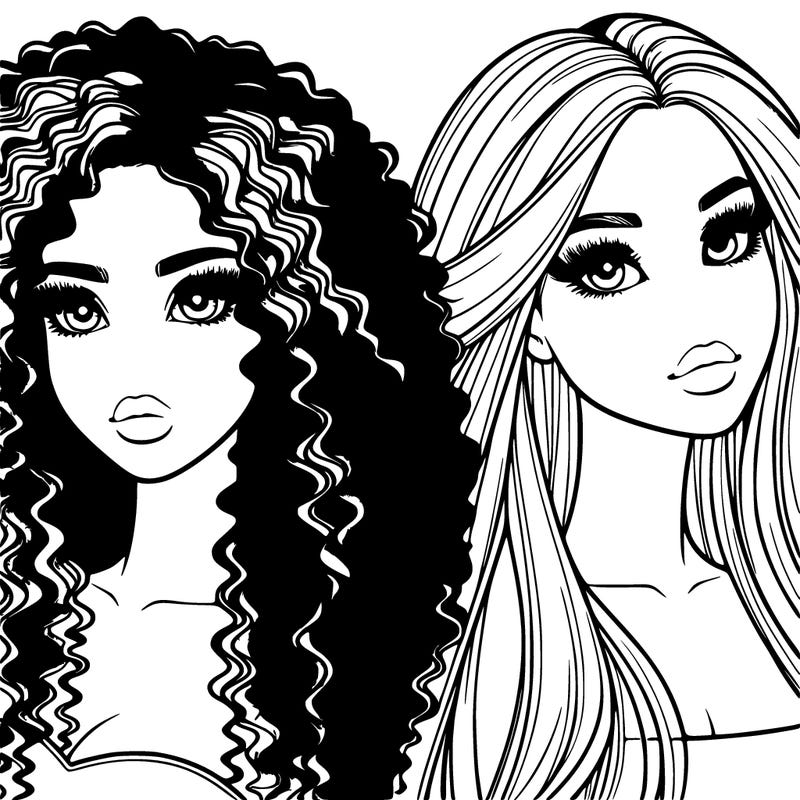 realistic sisters one with curly hair and one with straight hair