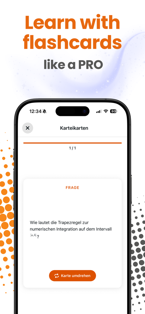 Screenshot of the Studeez app interface showing an interactive digital flashcard for student exam preparation
