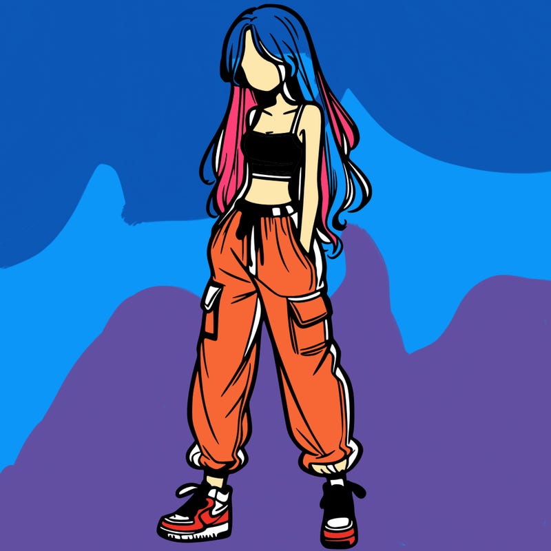 girl in baggy pants crop top and long hair