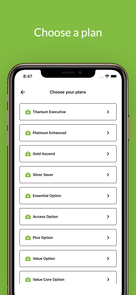 Sizwe Hosmed mobile app interface displaying a list of medical fund plan options including Titanium Executive and Platinum Enhanced.