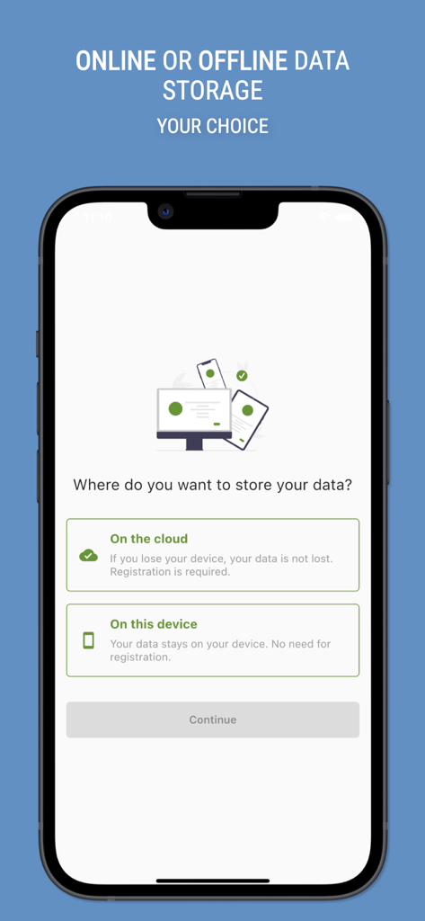 Sono: Debt tracker and manager - Mobile screen showing the choice between cloud and local data storage in the Sono debt tracker app.