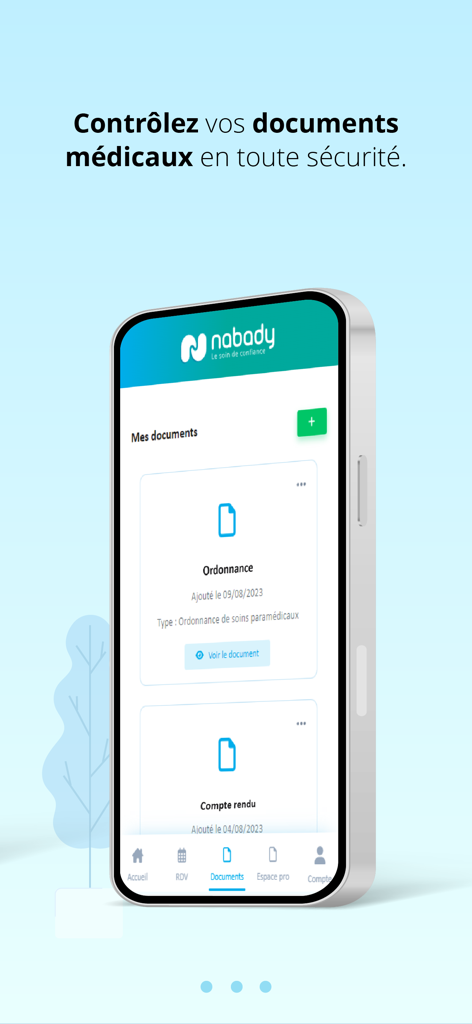 Nabady - Secure medical document management interface in the Nabady app showing prescriptions and reports