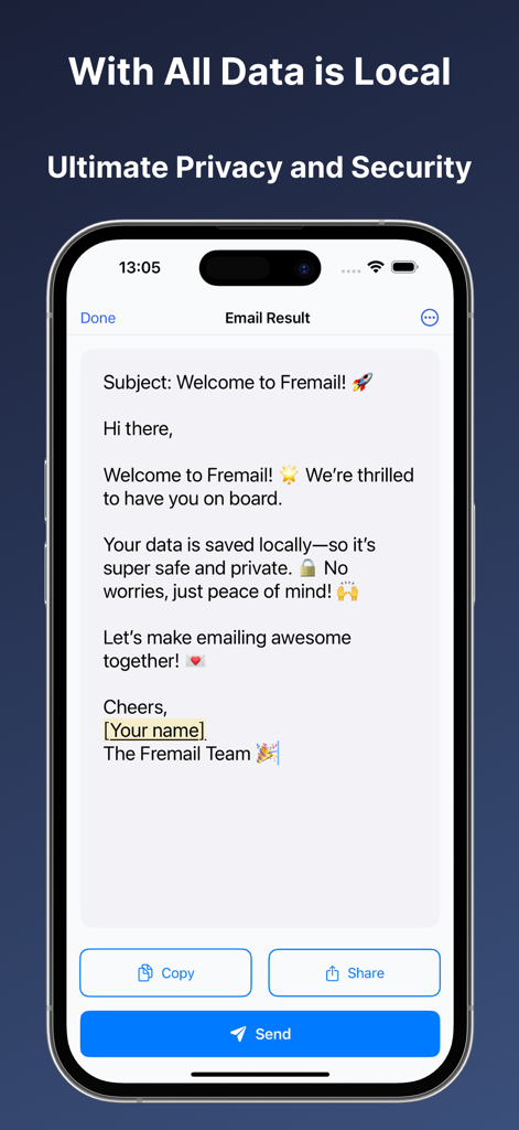 Fremail - AI Email Generator - Fremail app interface showing an email result with a focus on local data privacy and security.