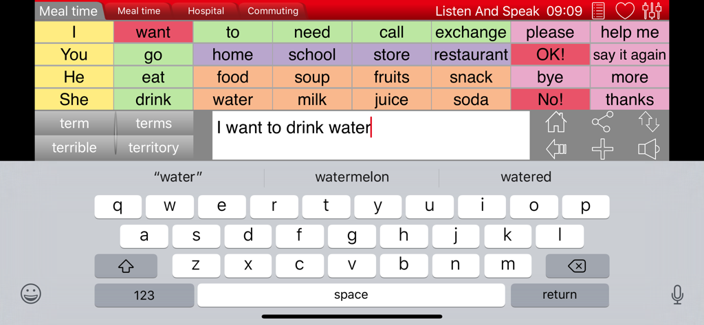 Listen and Speak - Listen and Speak app showing a communication board with colorful word buttons and a sentence builder for meal time.