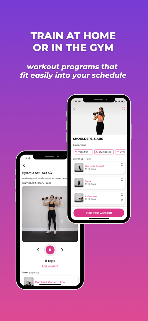 GetStronger: Fitness for Women - Interfaz de la aplicación de fitness GetStronger que muestra programas de entrenamiento de fuerza para mujeres en casa y en el gimnasio.