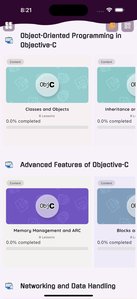 Learn Objective C Programming - Oberfläche der Learn Objective C Programming App, die Module für objektorientierte Programmierung und fortgeschrittene Funktionen zeigt