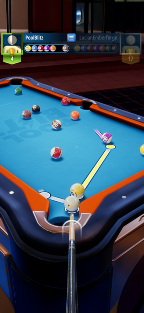 Gameplay di biliardo 3D in modalità verticale con guida di mira.