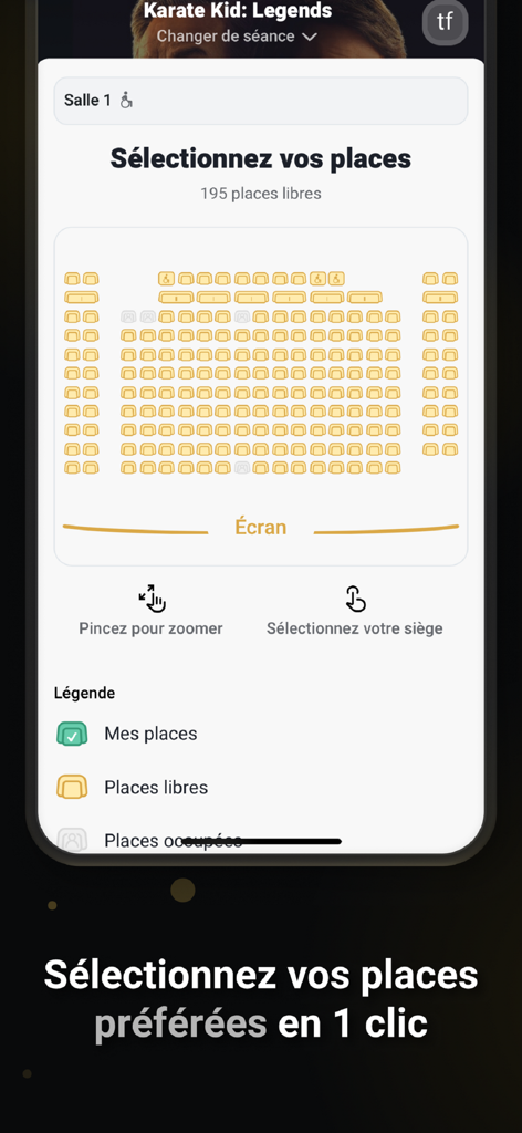 Interfaz de la aplicación móvil Pathé France que muestra un mapa interactivo de selección de asientos de cine para Karate Kid Legends