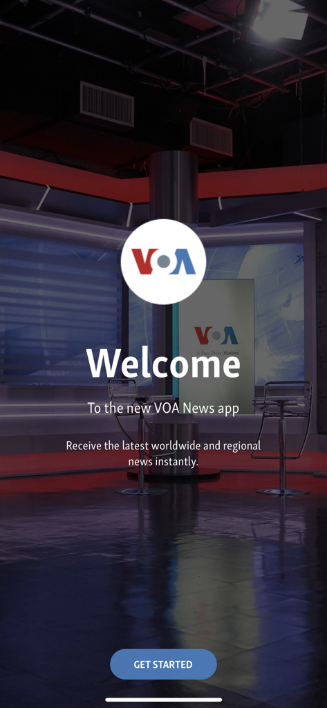 VOA News app welcome screen with logo and Get Started button.