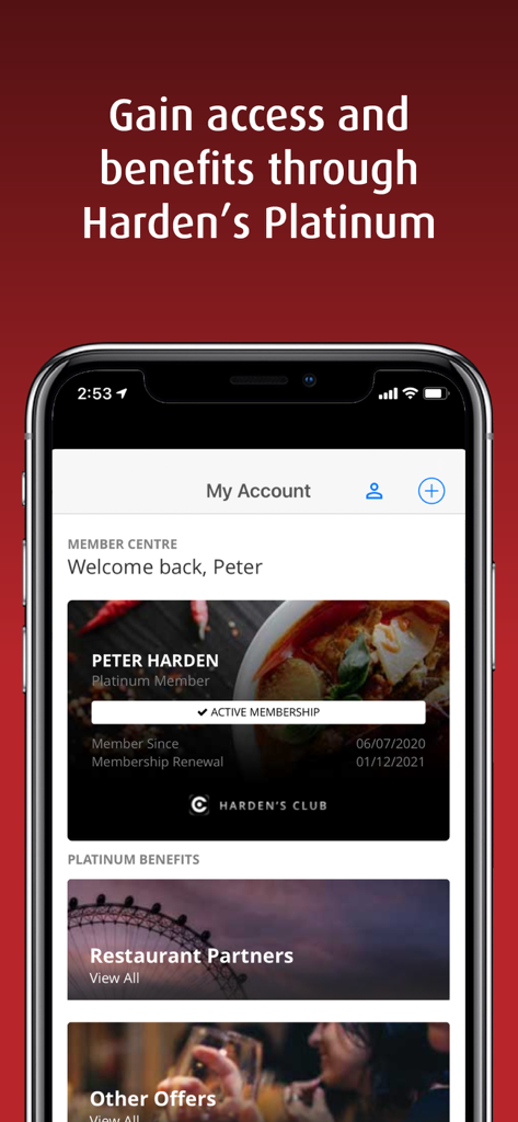 Hardens: Restaurant Guide - Hardens app member centre showing platinum membership card and club benefits