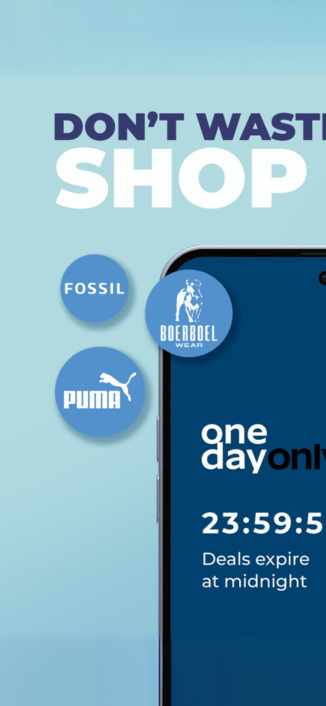 Aplicativo OneDayOnly mostrando ofertas diárias para marcas como Puma e Fossil com um cronômetro de contagem regressiva expirando à meia-noite