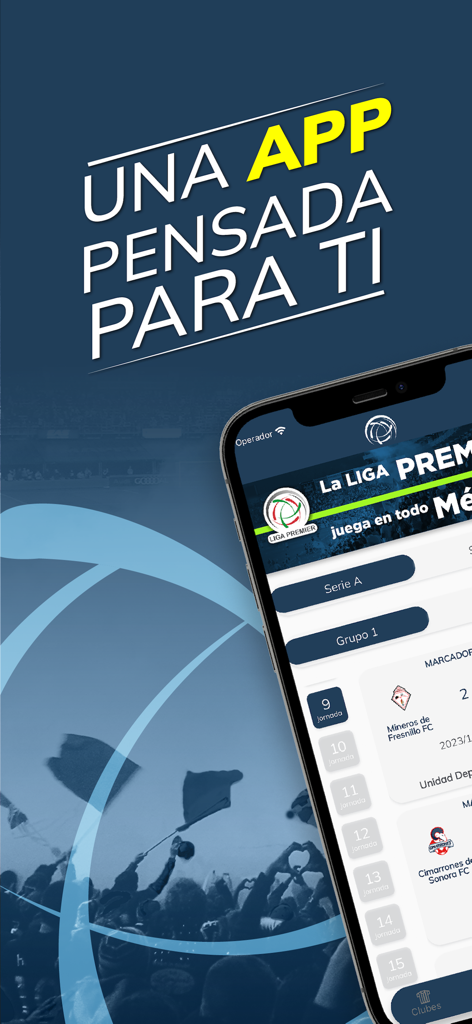 LIGA PREMIER Oficial - Smartphone screen showing the LIGA PREMIER Oficial app interface with Mexican soccer match results and league statistics
