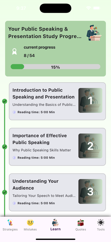 App screen showing public speaking course progress and lesson modules like introduction and audience understanding
