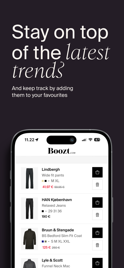 Boozt app wishlist showing a curated selection of premium clothing items from international brands.