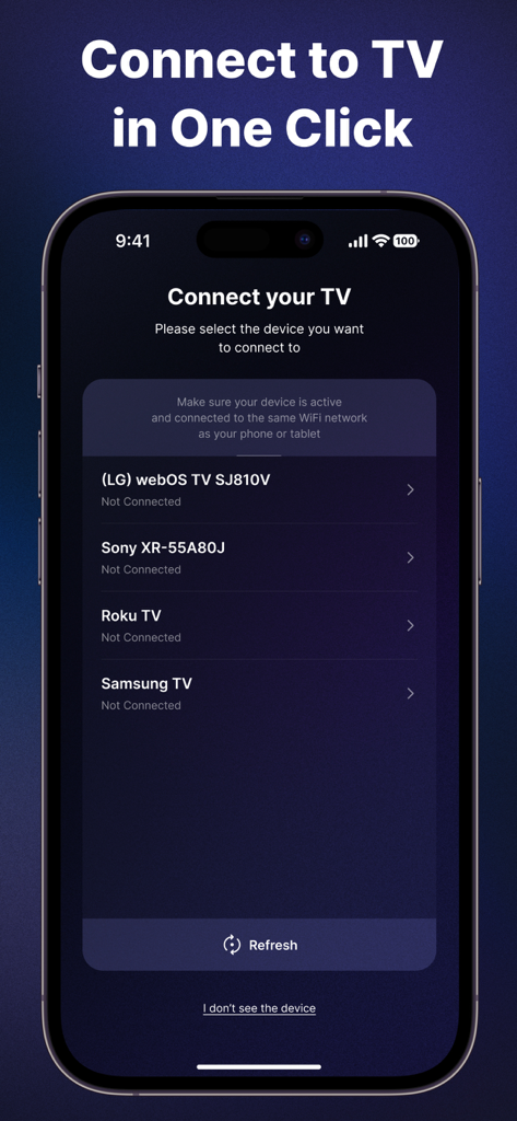 Universal TV Remote Control・ - Smartphone interface showing a list of available smart TVs to connect with the universal remote app