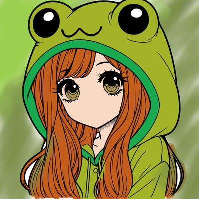 a pretty girl wearing a frog hoodie portrait with long hair