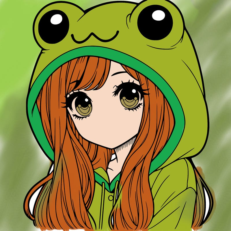 a pretty girl wearing a frog hoodie portrait with long hair
