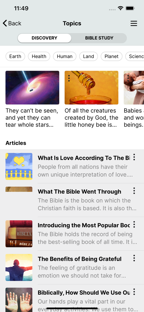 Digital Bible - Topics screen of the Digital Bible app showing Bible study articles and discovery categories.