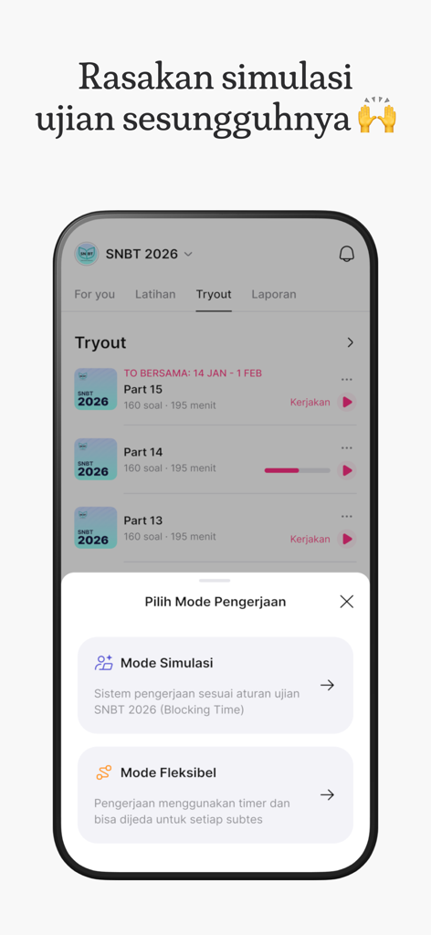 Analitica: Bantu Lolos Seleksi - Analitica mobile app interface showing the selection of simulation and flexible modes for an exam tryout.
