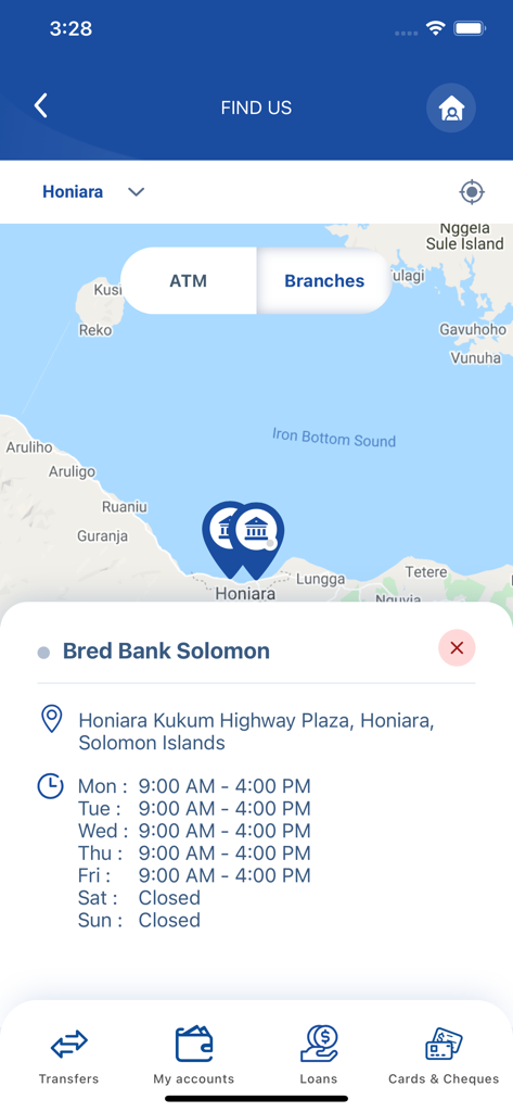 Map showing BRED Bank Solomon branch location and business hours in Honiara.