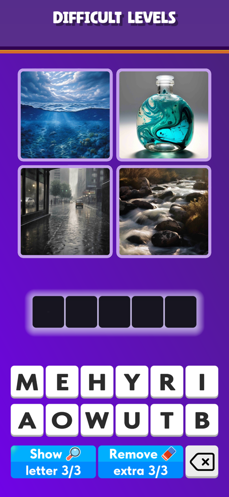 4 Pics 1 Word - Guess Picture - A gameplay screenshot of 4 Pics 1 Word showing a difficult level with four images representing water and a letter selection grid