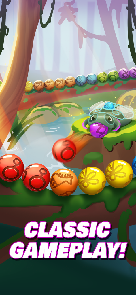 Jugabilidad clásica de disparos de canicas en un bosque mágico de cuento de hadas con un escarabajo lanzador y canicas de colores