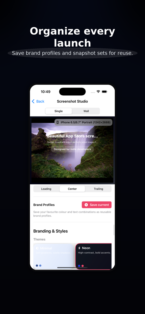 Screenshot Studio - Interface of Screenshot Studio app showing brand profiles and theme selection for app store images