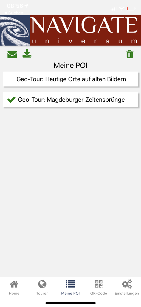 Tourguide Magdeburg - Interfaccia dell'app Tourguide Magdeburg che mostra la schermata My POI con tour geo-storici selezionabili.