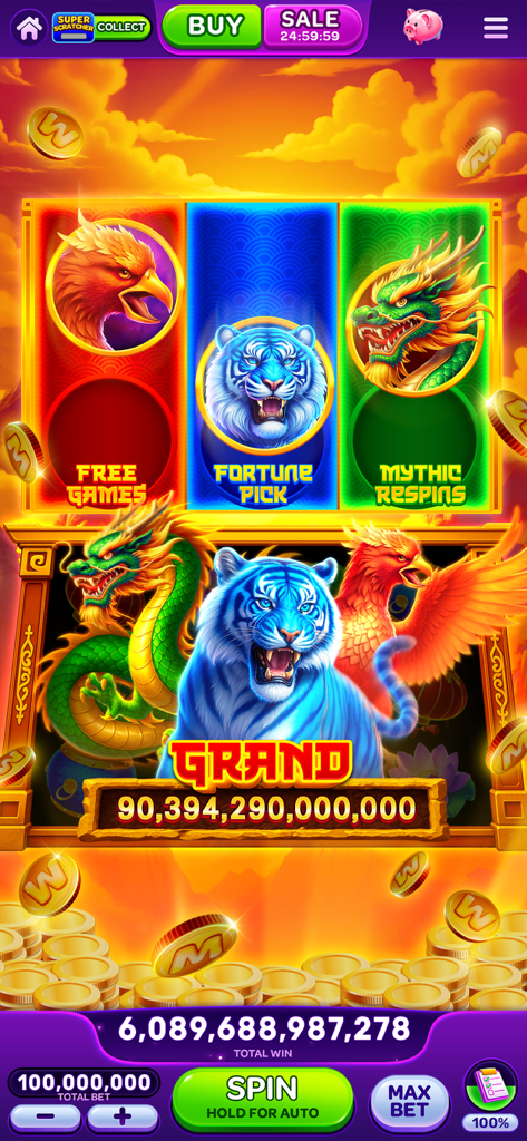 WOW Slots: Online Casino Games - A screenshot of WOW Slots featuring a grand jackpot and mythical creatures like a blue tiger and dragon.