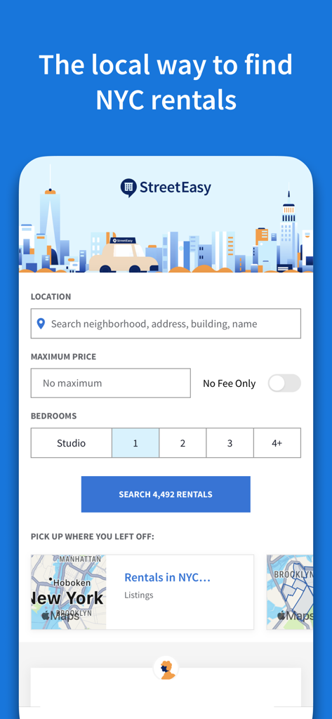 StreetEasy NYC Rentals mobile app search screen with filters for neighborhood price and bedroom count