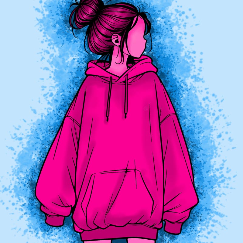realistic girl with a oversized sweatshirt on and a bun