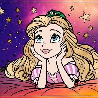 a princess lying on her back on a blanket, looking up at the stars with a dreamy expression.