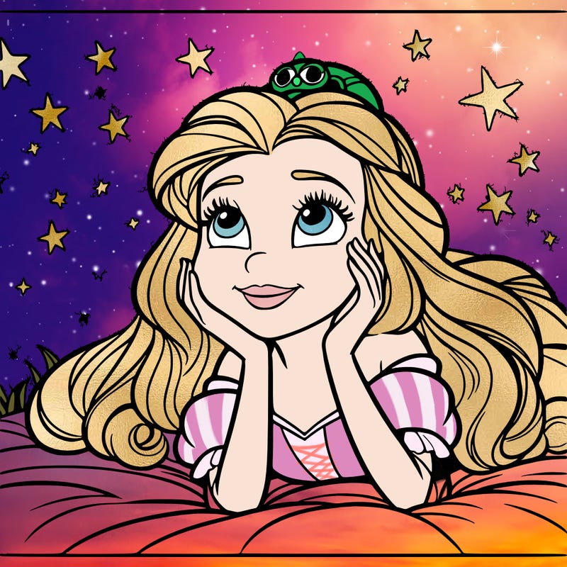 a princess lying on her back on a blanket, looking up at the stars with a dreamy expression.