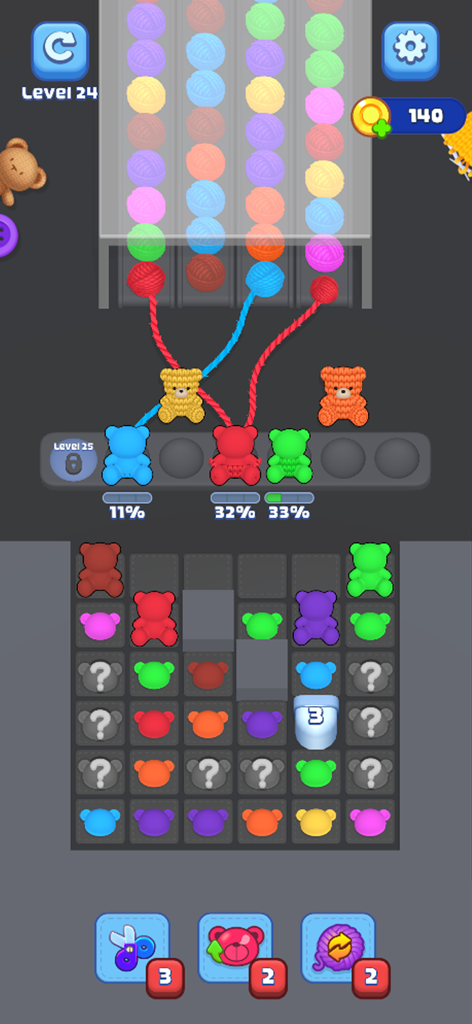 Knit Craze: Color Wool Sort - A colorful puzzle game interface showing yarn balls being sorted into knitted bear shapes.