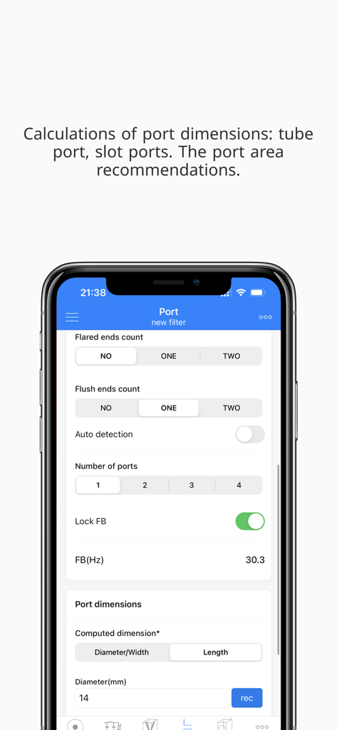 Speaker Box Lite app interface showing settings for calculating speaker port dimensions and tuning frequency.