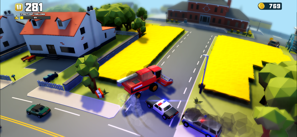 A red harvester vehicle evading police cars in a suburban neighborhood within the Reckless Getaway 2 game