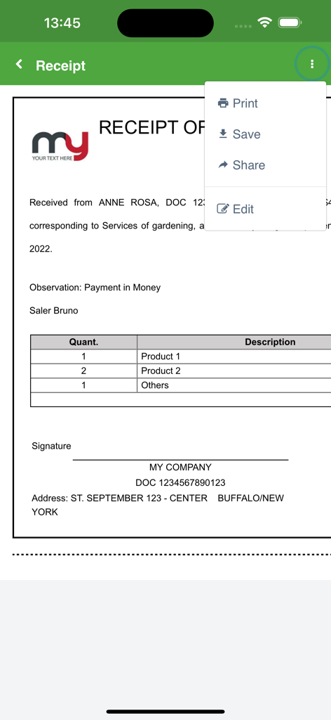 Receipt Generator v2 - Mobile app screen showing a digital receipt preview with a menu for print save and share functions