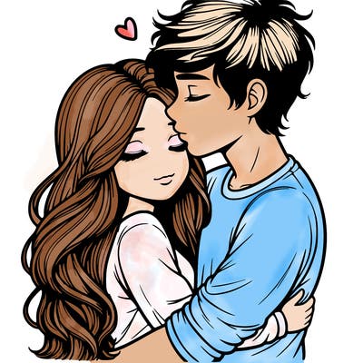 a realistic couple boy and girl hugging and kissing
