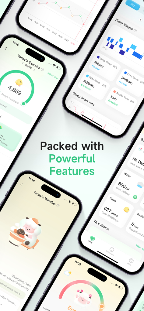 FeelFlow-Stress&HRV&Sleep - Várias telas de iPhone exibindo recursos do aplicativo FeelFlow como estágios do sono, rastreamento de estresse VFC e metas de exercício com ilustrações fofas