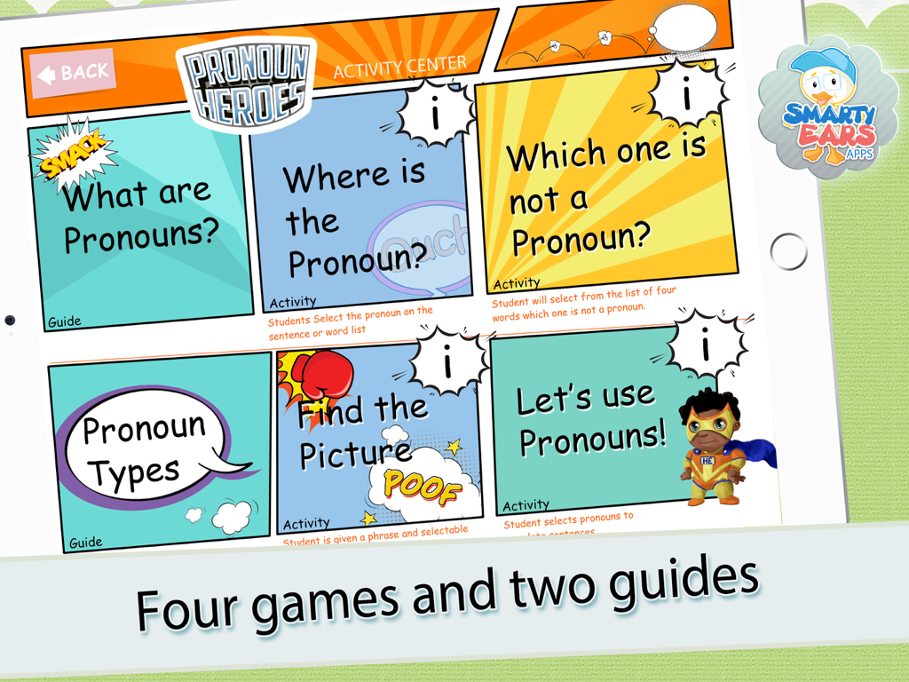 Pronoun Heroes - Activity center menu in the Pronoun Heroes app featuring four games and two educational guides with a superhero theme