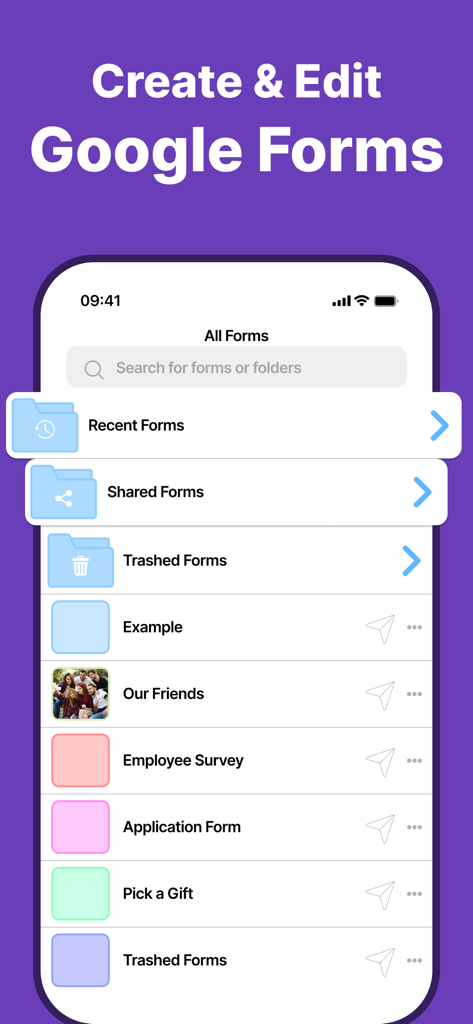 Forms for Google Forms⁺ - Mobile app dashboard displaying a list of Google Forms including folders for recent and shared forms