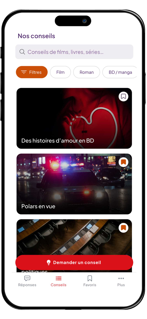 Eurêkoi - Écran de smartphone de l'application Eurêkoi montrant des recommandations culturelles organisées par des humains pour des films, des livres et des bandes dessinées