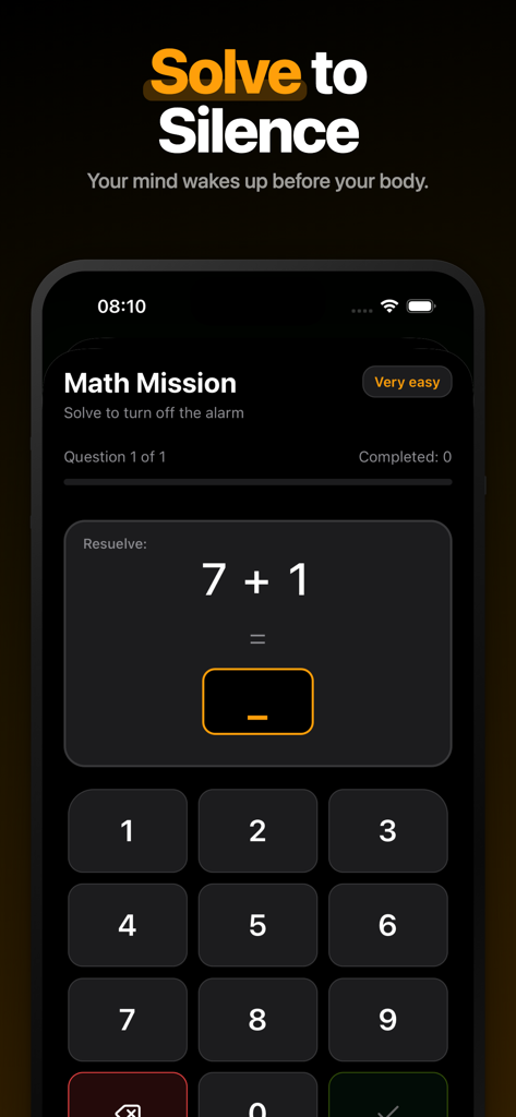 WakeNow: Loud Alarm Clock - WakeNow alarm clock app showing a math mission where users must solve an addition problem to silence the alarm.
