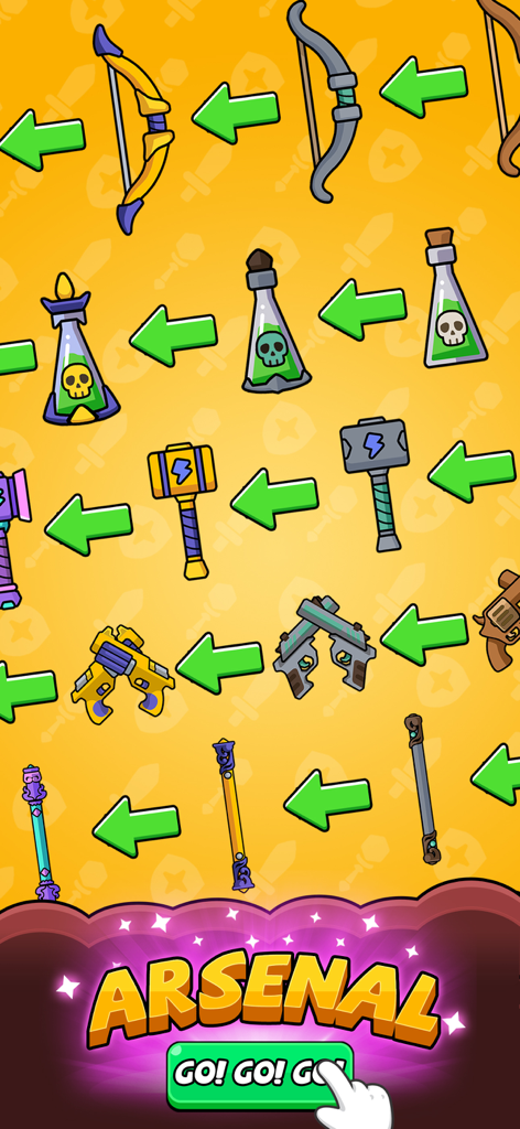 Rumble Bag: backpack battle - Un menú que muestra varias rutas de mejora de armas y progresión en el arsenal de Rumble Bag