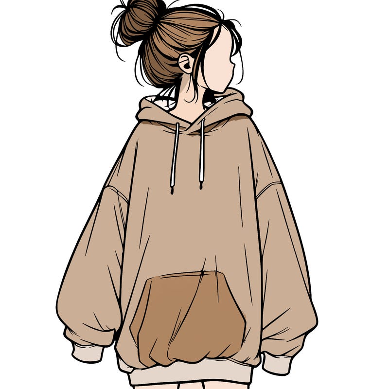 realistic girl with a oversized sweatshirt on and a bun
