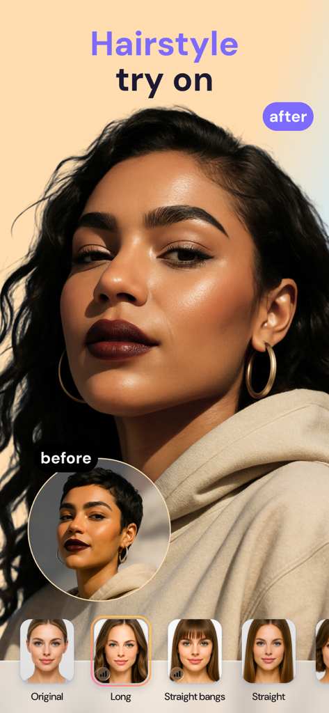 FaceAI・Face & Makeup AI Editor - A before and after comparison of a woman using the hairstyle try on feature to change from a short haircut to long wavy hair