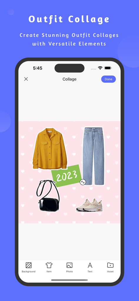 A smartphone screen showing the SimpleCloset app interface for creating an outfit collage with a yellow shirt blue jeans sneakers and a bag